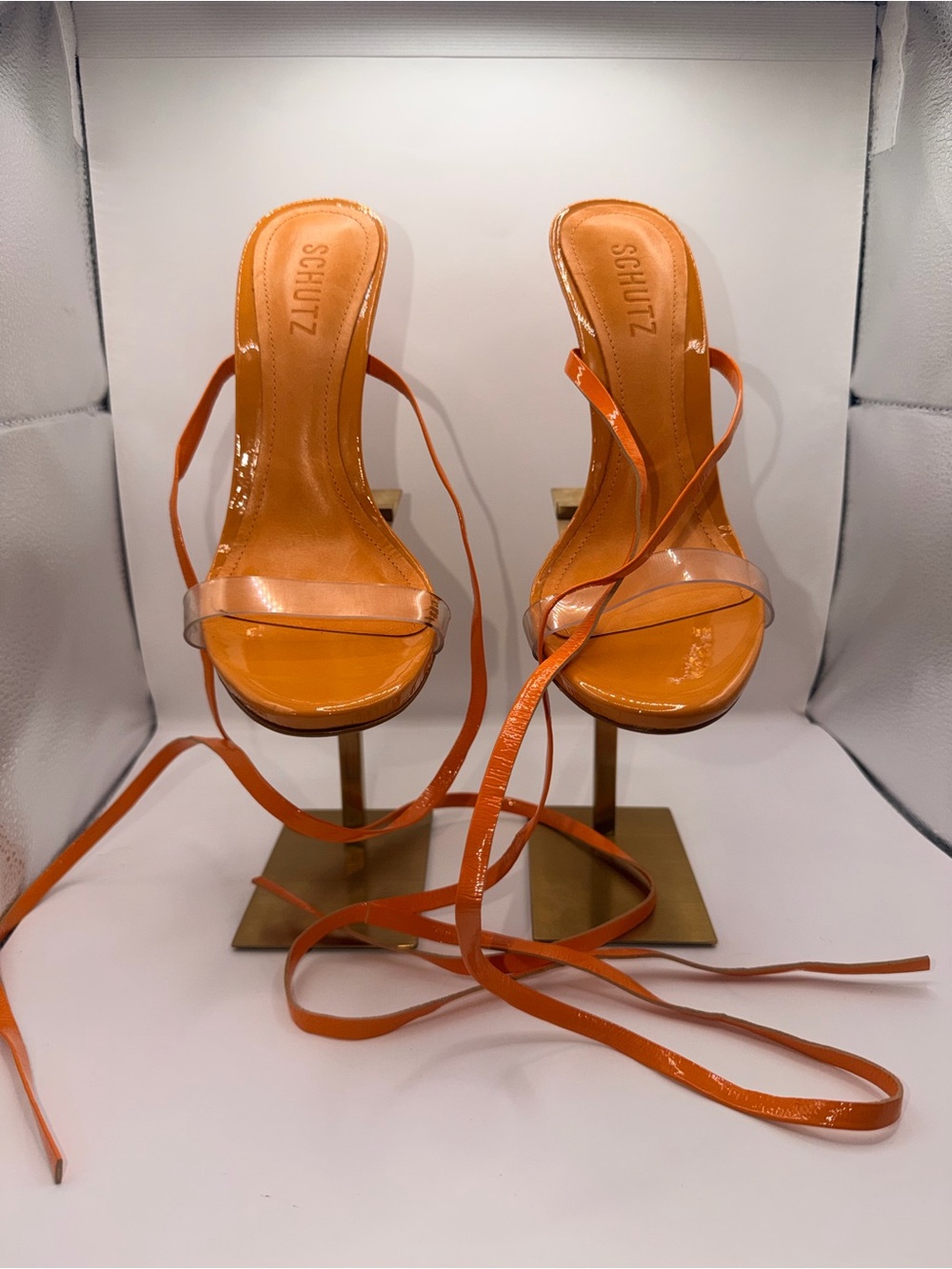 SCHUTZ Orange Patent Wrap-Strap Heeled Sandals